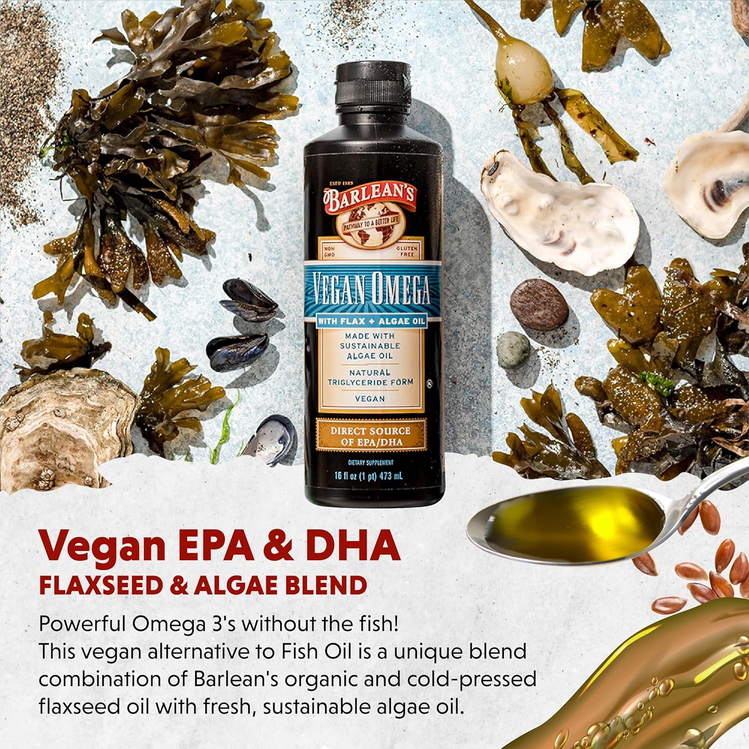 Barlean's Vegan Omega Liquid Flax and Algae Oil Plant Based EPA DHA Supplement from Algal Oil and Organic Flaxseed, Omegas 3 6 and 9 Fatty Acid Supplements, 16 Ounces