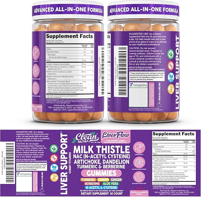 Clean Nutra Milk Thistle NAC Supplement N Acetyl Cysteine Artichoke Dandelion Root Turmeric Berberine Ginger Curcumin Gut Health Metabolism Detox & Cleanse 60 Gummies
