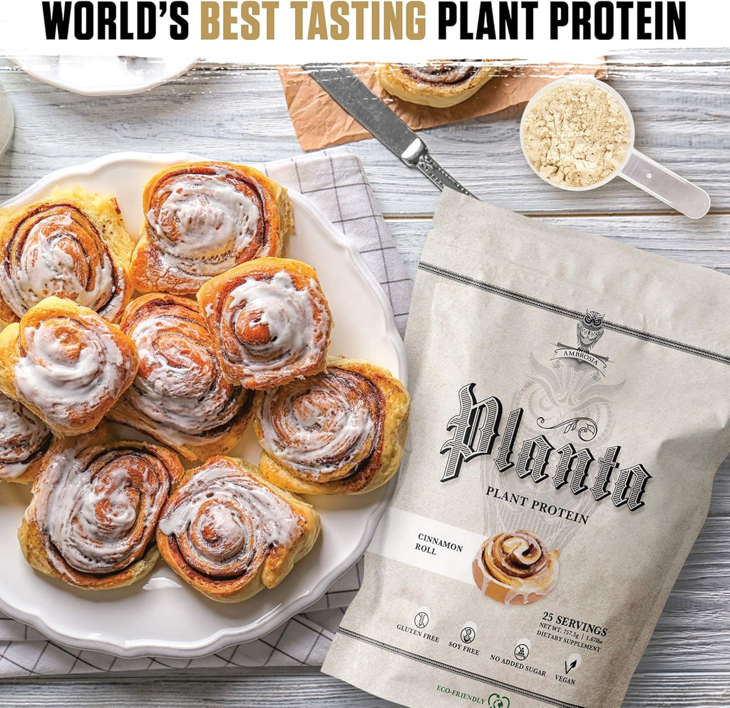 Ambrosia Planta - Premium Organic Plant-Based Protein | Vegan & Keto Friendly | Gourmet Flavors with No Bloating or Stomach Upset | Gluten & Soy Free | No Added Sugar | 25 Servings | Cinnamon Roll