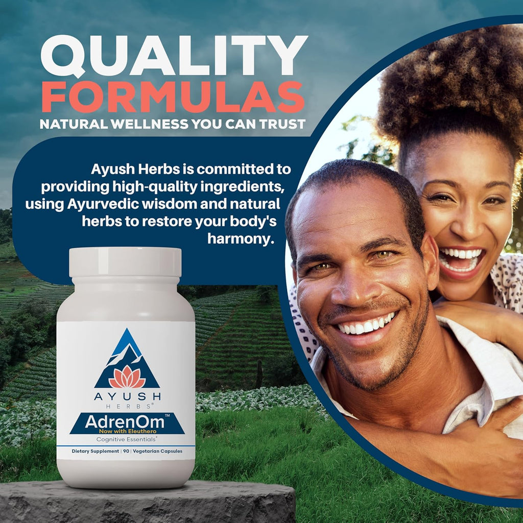 Ayush Herbs AdrenOm - Ayurvedic Adrenal and Stress-Support Supplement for Women & Men, Ashwagandha & Eleuthero to Support Adrenal Balance, Cognitive Function & Calm - 90 Vegetarian Capsules (1 Count)