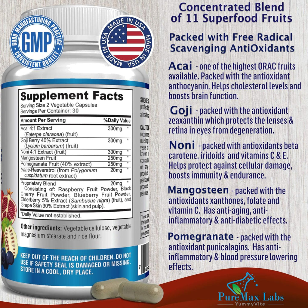 Super Antioxidant Fruit Superfood Complex - Powerful Antioxidant Superfruits, Acai, Goji, Noni, Mangosteen, Pomegranate, Elderberry, Resveratrol, Immune Support, Skin Care - 60 Capsules (Pack of 2)