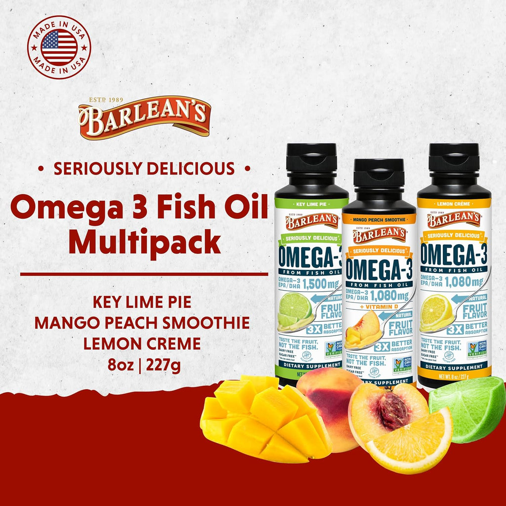 Barlean's Omega 3 Fish Oil Liquid Supplement 3-Flavor Variety Pack for Men and Women, EPA and DHA Fatty Acid, Includes Key Lime Pie, Lemon Crème and Mango Peach Flavors, 8 oz