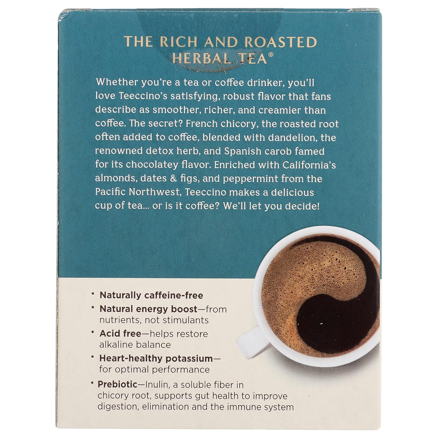 Teeccino Dandelion Mocha Mint Tea - Caffeine Free, Roasted Herbal Tea with Prebiotics, 3x More Herbs than Regular Tea Bags, Gluten Free - 10 Tea Bags