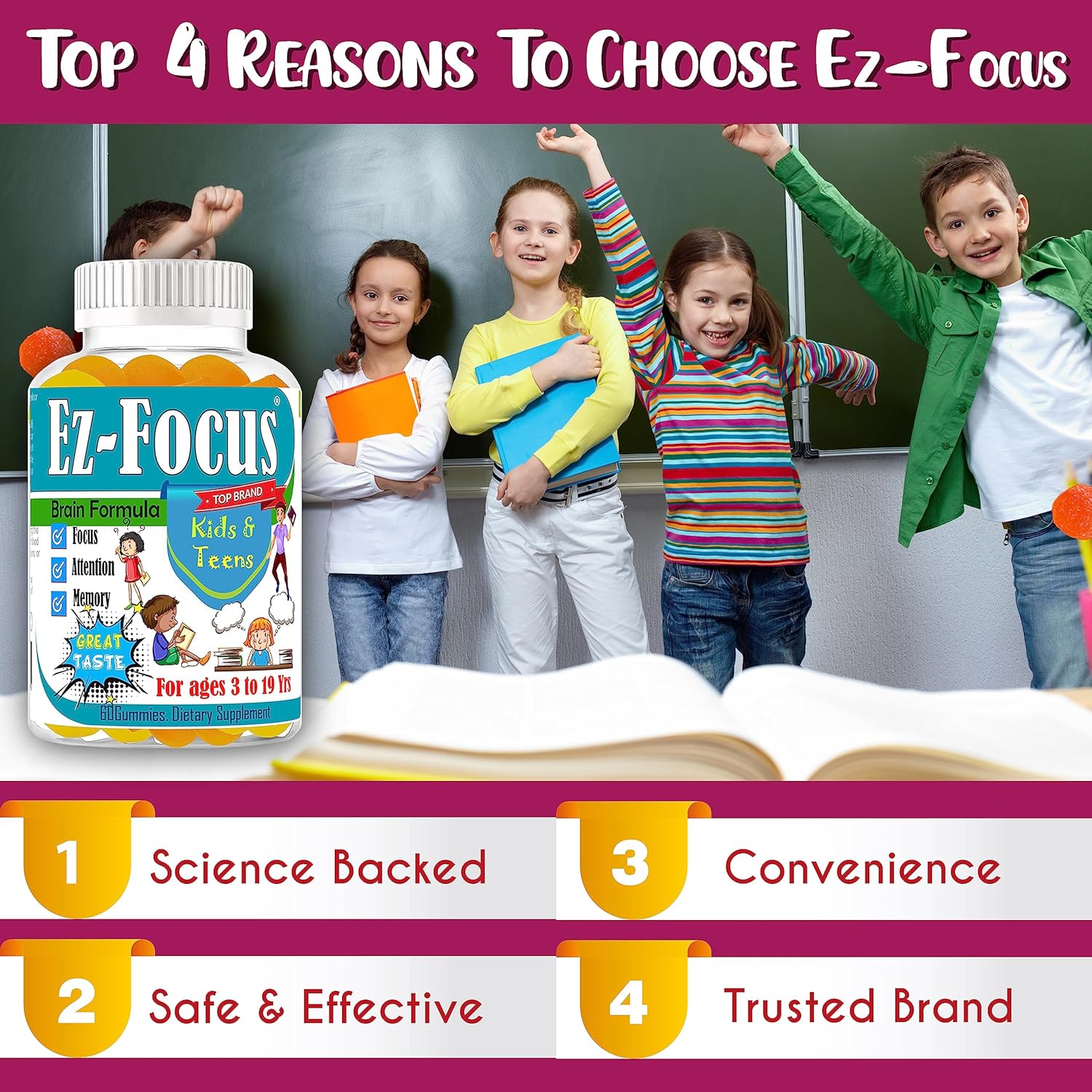 Ez-Focus Gummies for Kids, Teens and Youth – Brain Focus, Memory & Attention Support, DHA & Omega-3 for Kids, Concentration and Focus Supplement, Calm and Study Brain Vitamins 60 ct