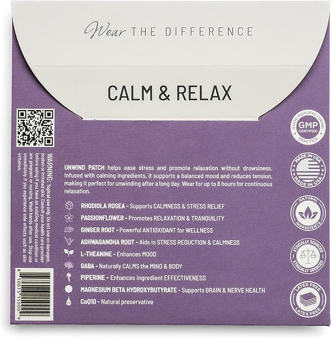 Unwind Film Patches - Topical Patches for Relaxation and Calm - Patch with Ashwagandha, Rhodiola, and GABA - Natural Support for Mind & Body - Long-Lasting Effect - 8 Pack