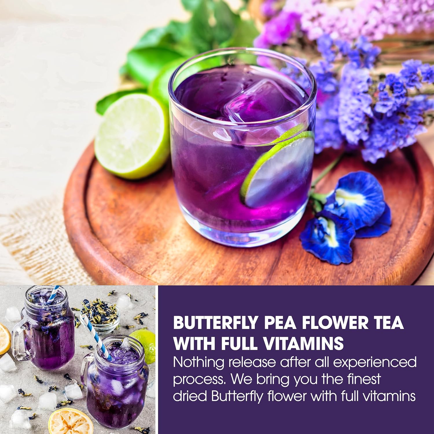 KEYXE - Organic Butterfly Pea Flowers Tea Bags, 100% CERTIFIED Organic and Pure from Butterfly Pea Flower Dried, Herbal Flower Tea for Relaxation, Mocktails, and Natural Food Coloring, Caffeine-Free, Sugar-Free, Non-GMO- ( 30 teabags )
