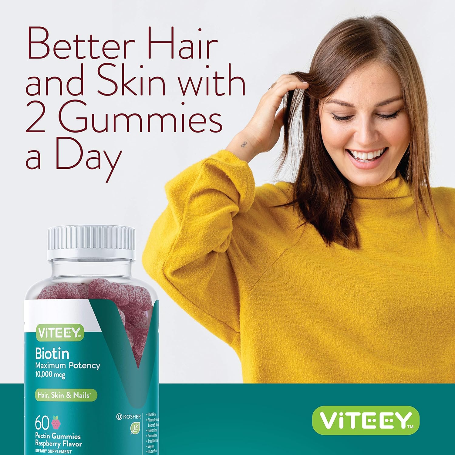 Viteey Biotin Gummies for Hair Skin and Nails - Biotin for Hair Growth Gummies - 10,000 mcg - Vegan, Gluten-Free, Non-GMO – 120 Count
