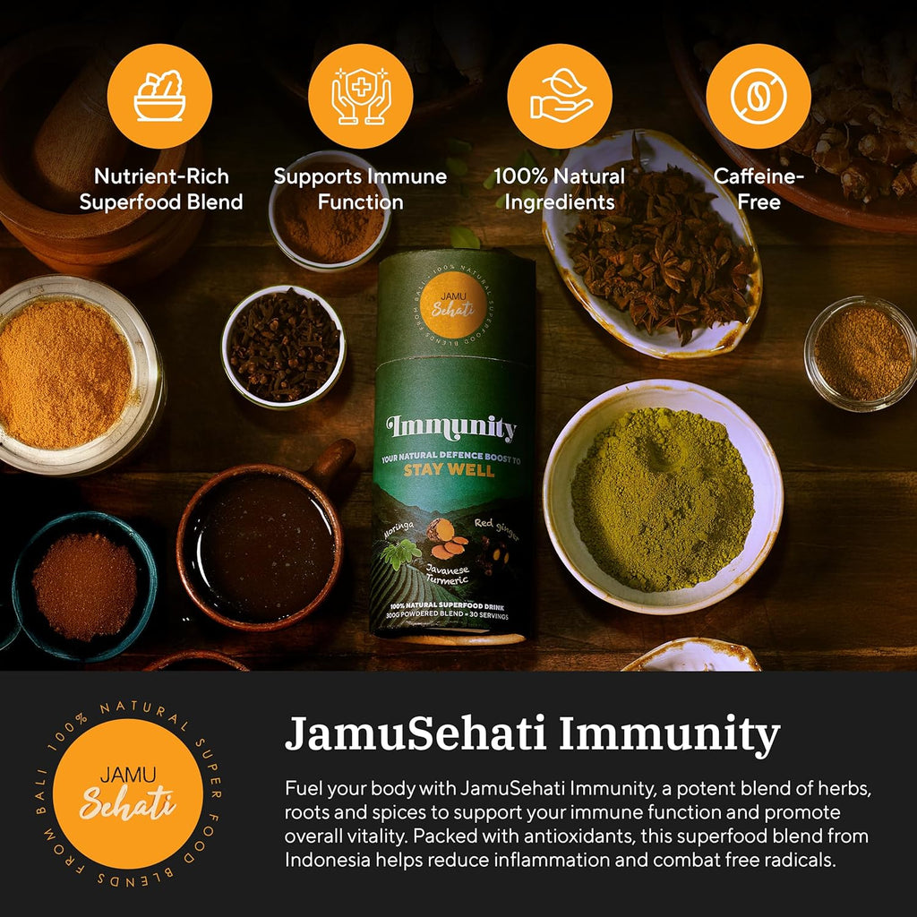 JAMUSEHATI Immunity, Natural Superfoods Blend from Bali, Containing Javanese Turmeric, Red Ginger, Moringa and Matcha, Cylinder (300g)