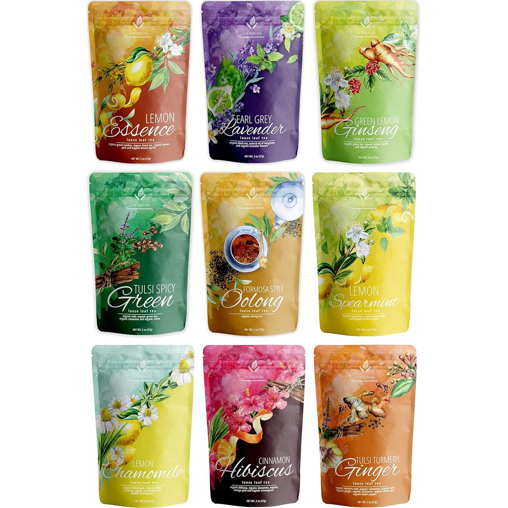 Gardenika Loose Leaf Tea Sampler Box – Herbal, Black and Green Variety Pack – Kosher, No Natural or Artificial Flavors – 9 Pack (1lb 2oz)