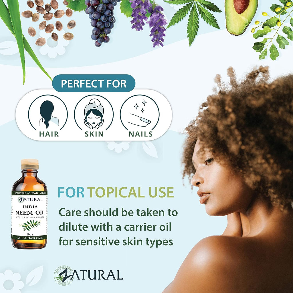 Zatural Organically Grown Neem Oil 100% Pure Cold Pressed Seed Oil Uses for Hair, Skin, and Nails, & Outdoor 8oz