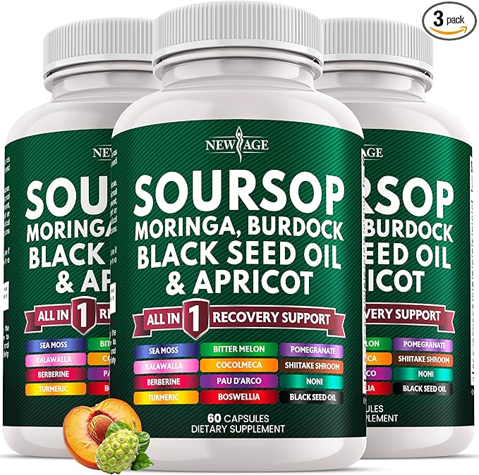 Soursop Supplement - Moringa, Sea Moss, Black Seed Oil, Berberine, Turmeric, Apricot, Quercetin, Greens, Bitters, Boswellia, Bitter Melon, Burdock Root - 180 Capsules