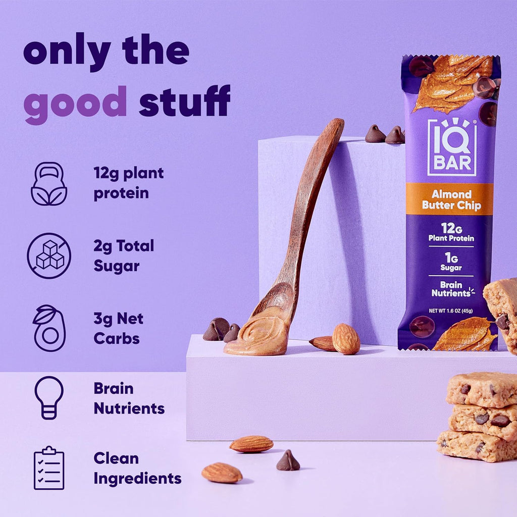 IQBAR Brain and Body Plant Protein Bars - Almond Butter Chip - 36-Count - Keto, Vegan, Low Carb, High Fiber, Gluten Free, Dairy Free, Low Sugar Snack with Nutrients for Focus, Energy, Meal Replacement