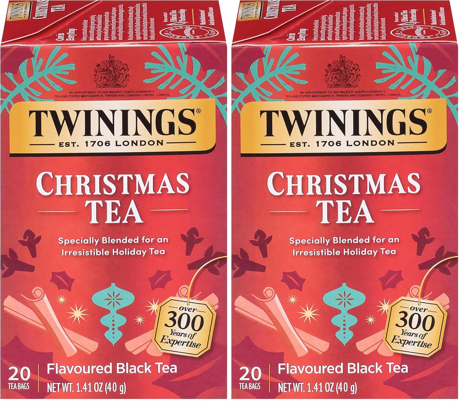Twinings Christmas Black Tea Individually Wrapped Bags, 20 Count (Pack of 2), Aromatic Cinnamon & Clove, Caffeinated, Enjoy Hot or Iced, 20 Teabags