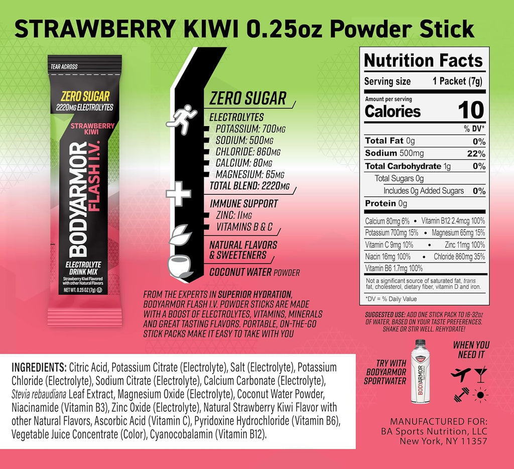BODYARMOR Flash IV Electrolyte Packets, Strawberry Kiwi, Lemon Lime, & Tropical Punch Variety Pack - Zero Sugar Drink Mix, Single Serve Packs, Coconut Water Powder (15 Count)