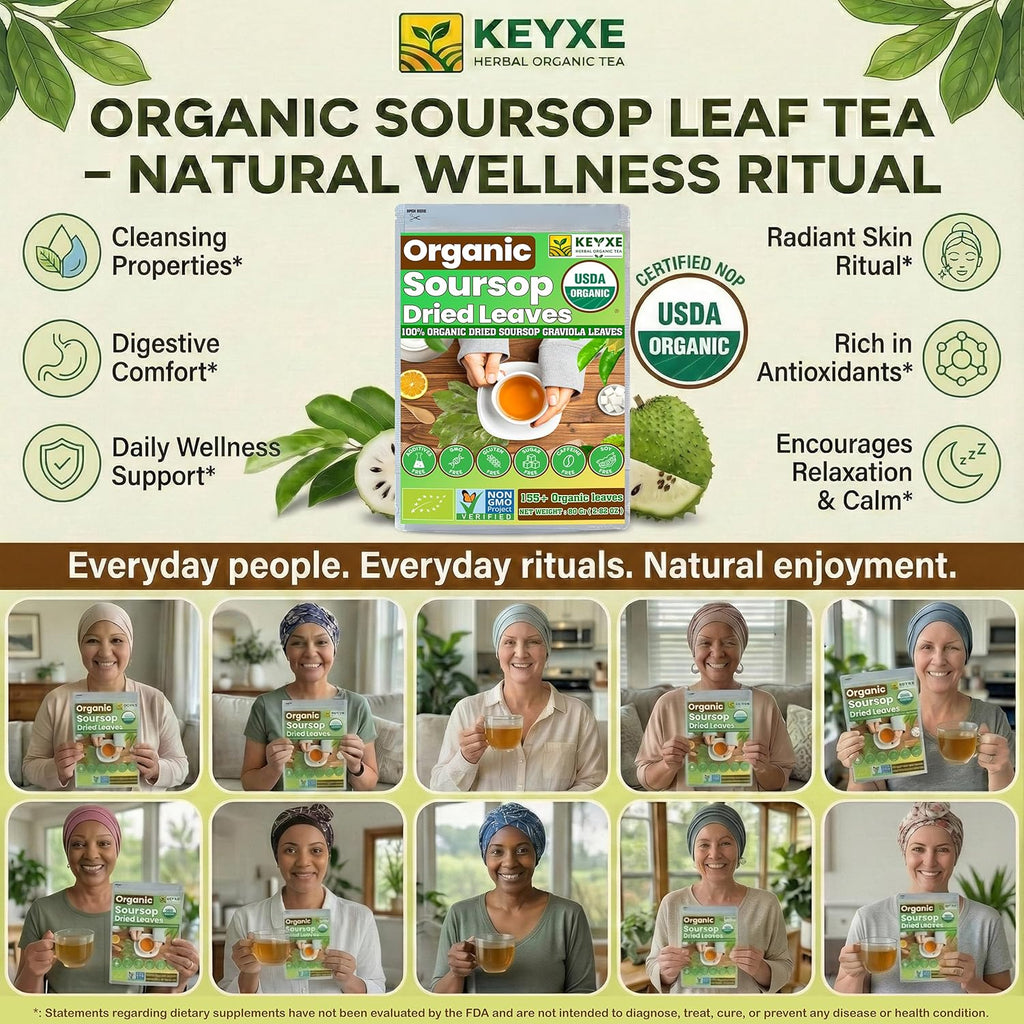 KEYXE Soursop Dried Leaves Tea USDA Organic Certified & Non GMO Verified, Caffeine Free, No Gluten, Vegan, 270-300 Whole Dried Soursop Leaves, Wildcrafted, Hoja De Guanabana