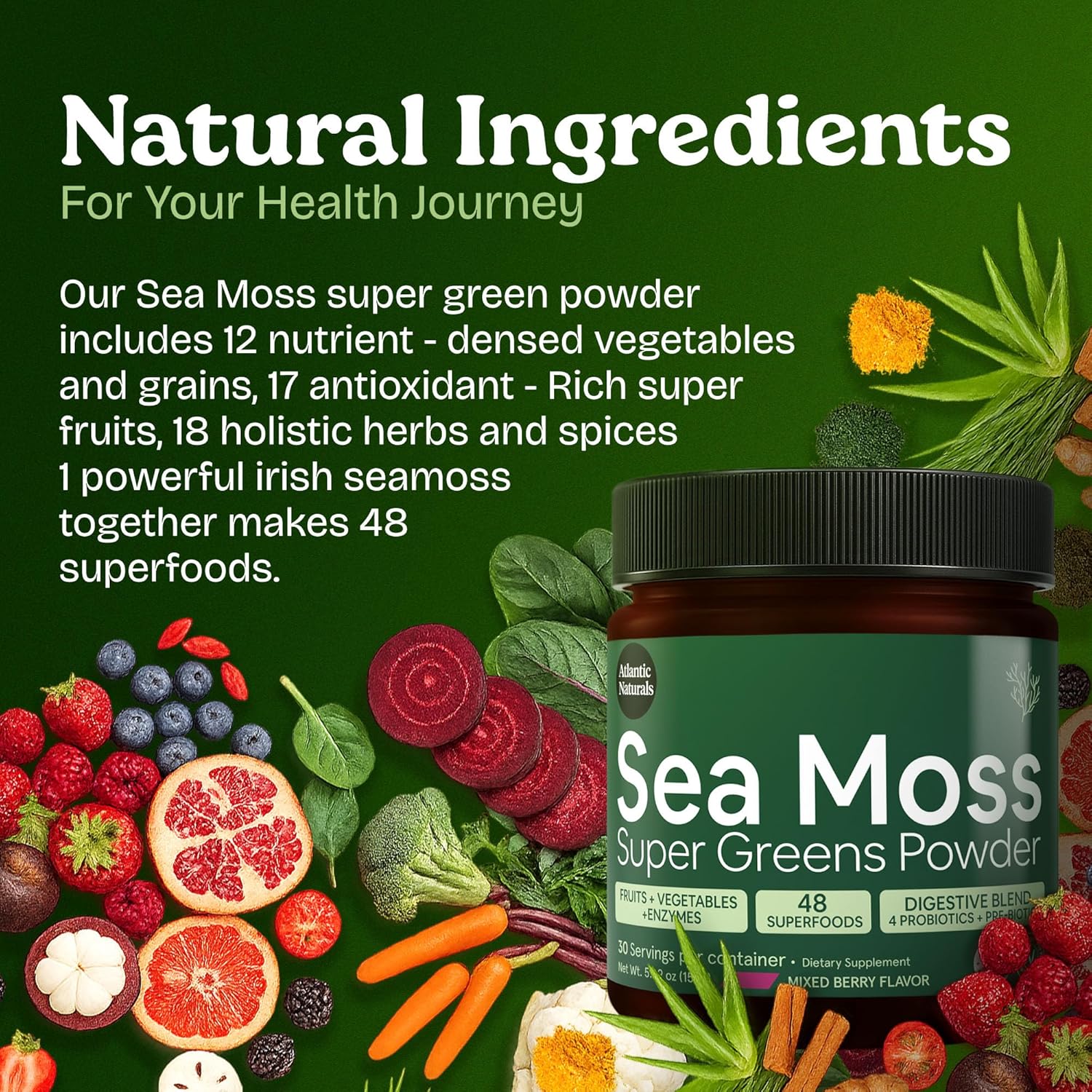 Atlantic Naturals Organic Sea Moss Super Greens Powder - Greens Superfood with 12 Vegetables, 15 Fruits, Probiotics, 16 Herbs & Spices - Digestive Health, Energy, Skin & Immunity - Mixed Berry Flavor
