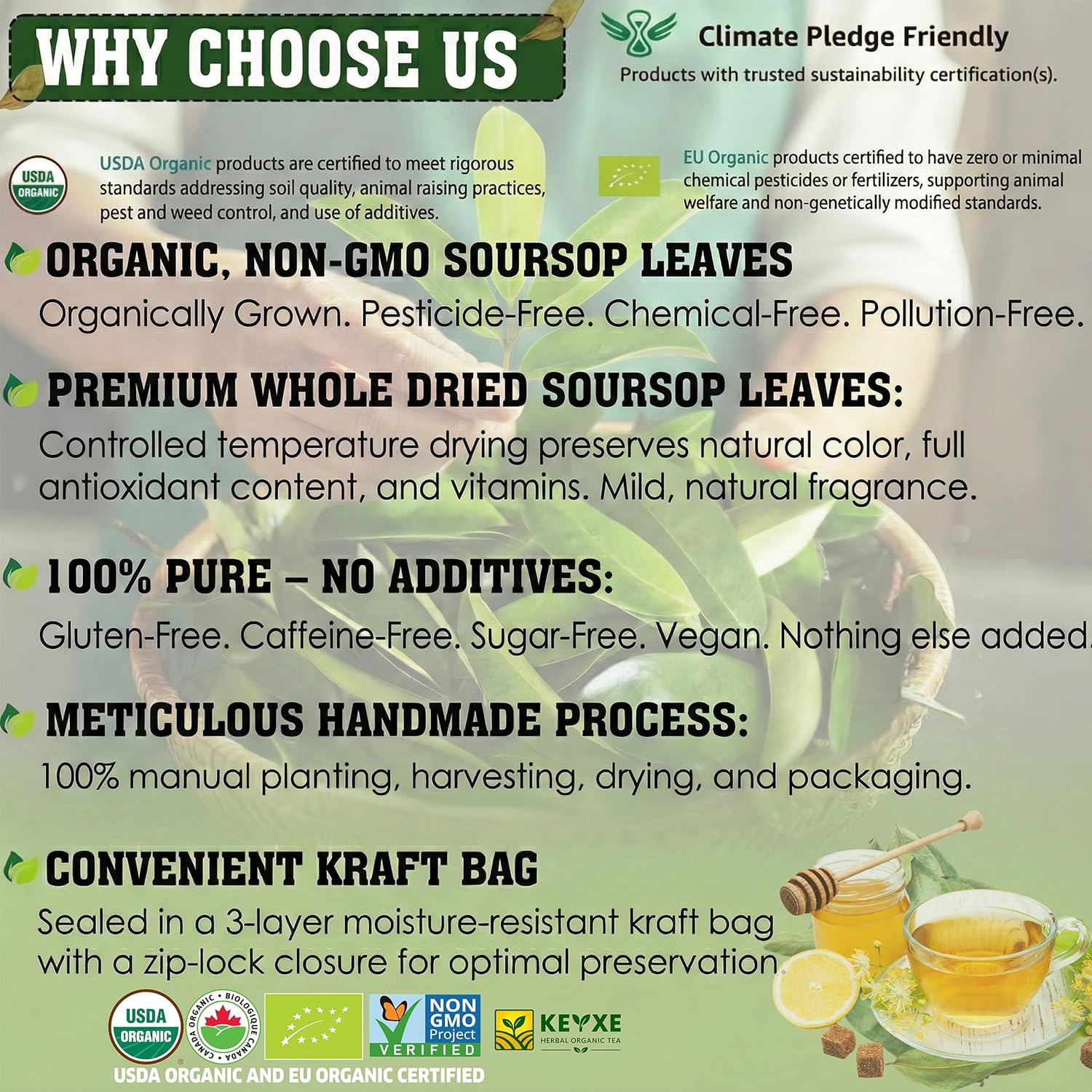 KEYXE Soursop Dried Leaves Tea USDA Organic Certified & Non GMO Verified, Caffeine Free, No Gluten, Vegan, 270-300 Whole Dried Soursop Leaves, Wildcrafted, Hoja De Guanabana