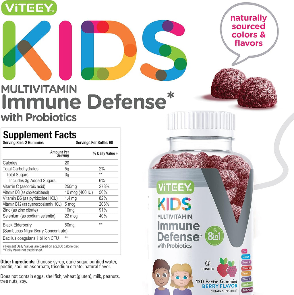 Viteey Kids Multivitamin Gummies with Probiotics - 8-1 Kids Vitamins for Immune Health Support with Vitamin C, D3, B12, B6, Zinc, Elderberry, Selenium - Vegetarian - Chewable Tasty Berry Flavored