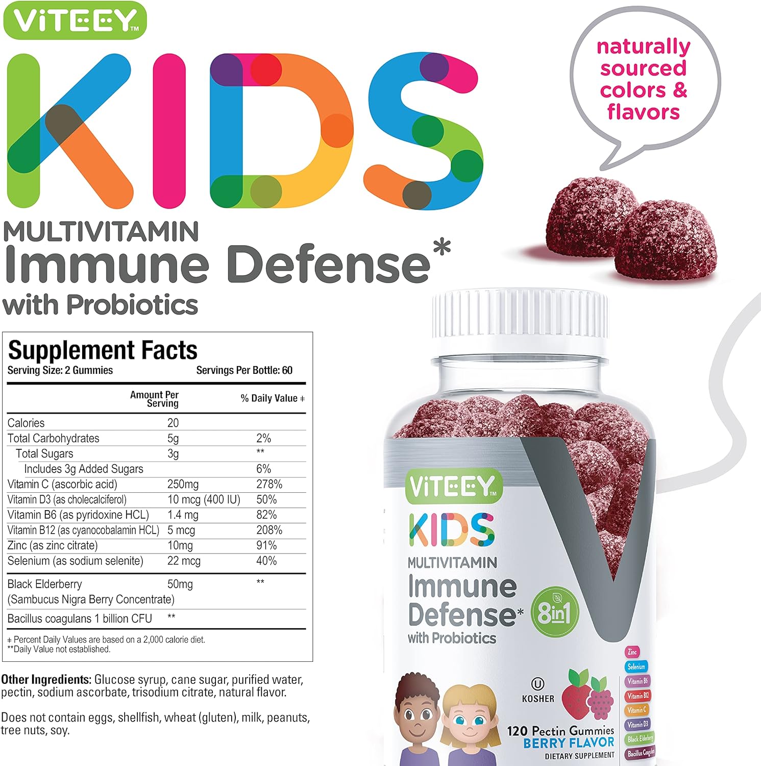 Viteey Kids Multivitamin Gummies with Probiotics - 8-1 Kids Vitamins for Immune Health Support with Vitamin C, D3, B12, B6, Zinc, Elderberry, Selenium - Vegetarian - Chewable Tasty Berry Flavored