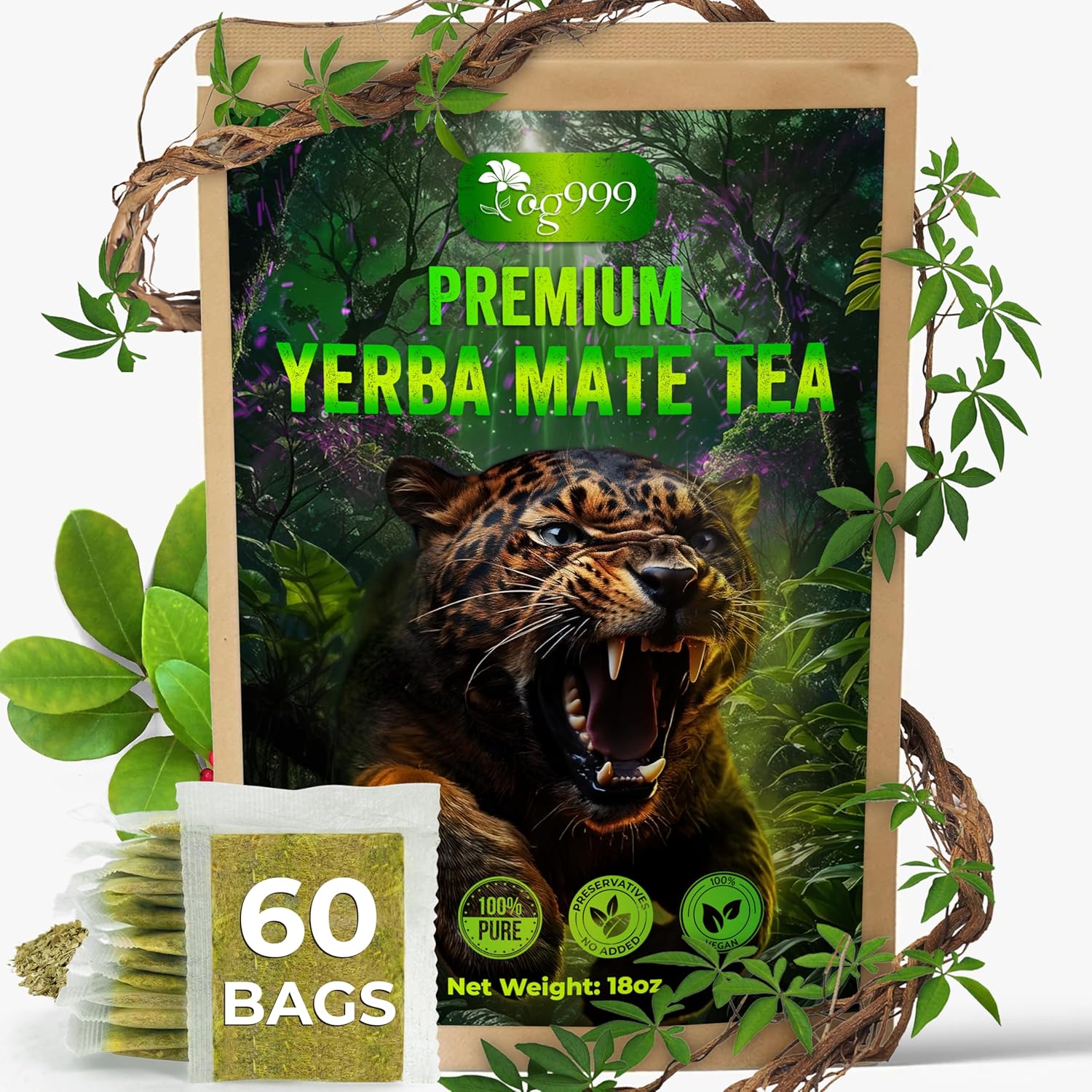 TOG999, 60 Tea Bags Yerba Mate, Hi-Caffeine, Unsmoked Yerba Mate Tea Bags, Super-Green Yerba Mate, No Dust, Fresh - Never Aged (Ilex Paraguariensis), Cultivated from Argentina - Rich in Antioxidants and Plant Nutrients.