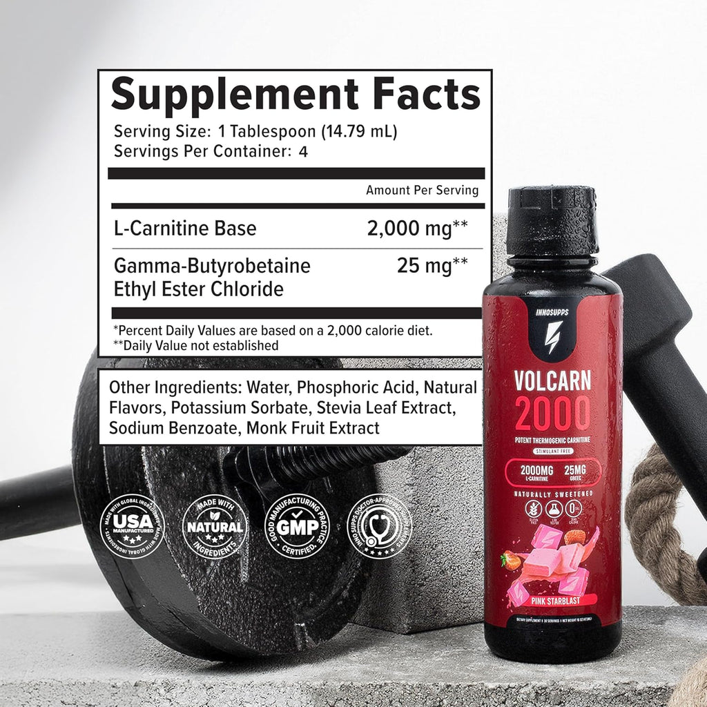 InnoSupps Volcarn 2000 - L-CARNITINE Advanced Energy Liquid | ATP Enhancer with GBEEC | Boosts Energy, Enhances Focus, Caffeine Free, No Artificial Sweeteners | 32 Servings (Pink Starblast)
