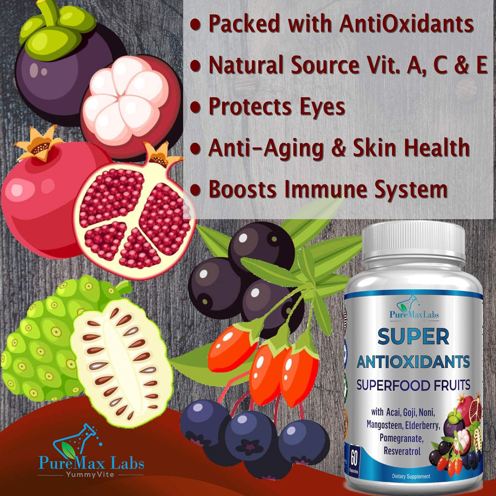 Super Antioxidant Fruit Superfood Complex - Powerful Antioxidant Superfruits, Acai, Goji, Noni, Mangosteen, Pomegranate, Elderberry, Resveratrol, Immune Support, Skin Care - 60 Capsules (Pack of 2)