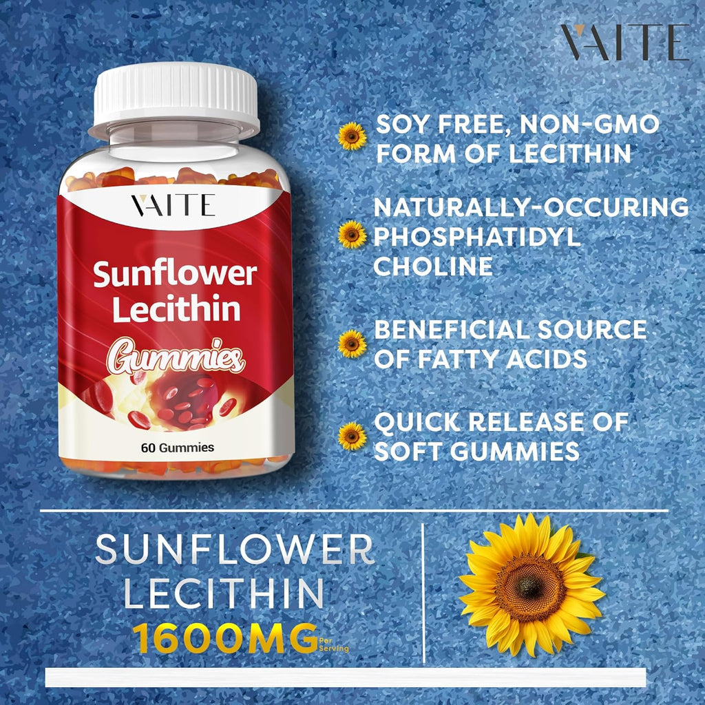 Sunflower Lecithin Extract Gummies 800mg - Vegan, Non-GMO, Soy-Free & Gluten-Free - Cognitive Health & Daily Nutrition - Easy-to-Digest, Plant-Based Wellness Chews for Adults - 60 Chewables