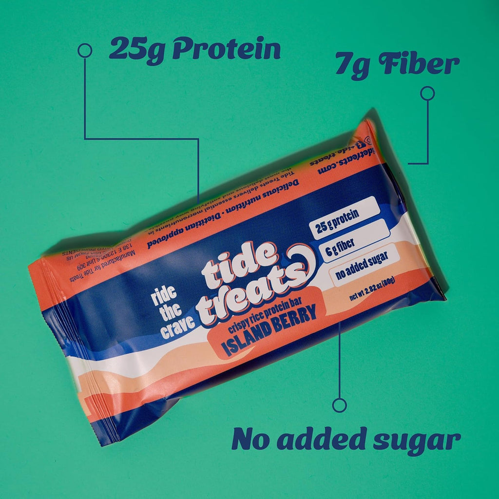 Crispy Rice Protein Treat Bar | 25 g Protein, No Added Sugar, 7 g Fiber, Gluten Free | High Protein Snack for On-the-Go, Post-Workout or Dessert Cravings | 8 Count (Island Berry)