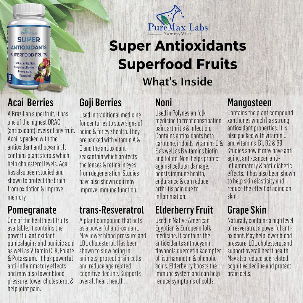 Super Antioxidant Fruit Superfood Complex - Powerful Antioxidant Superfruits, Acai, Goji, Noni, Mangosteen, Pomegranate, Elderberry, Resveratrol, Immune Support, Skin Care - 60 Capsules