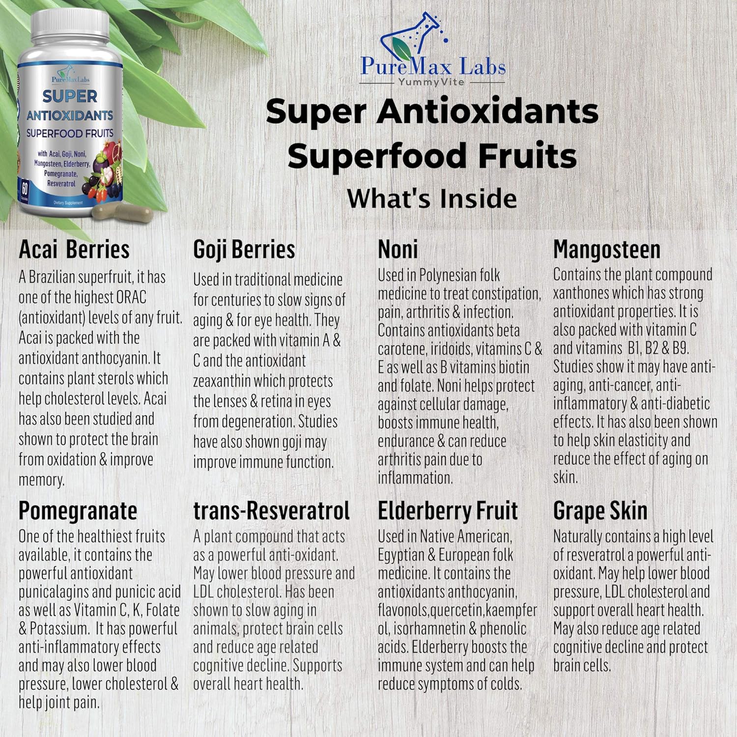 Super Antioxidant Fruit Superfood Complex - Powerful Antioxidant Superfruits, Acai, Goji, Noni, Mangosteen, Pomegranate, Elderberry, Resveratrol, Immune Support, Skin Care - 60 Capsules