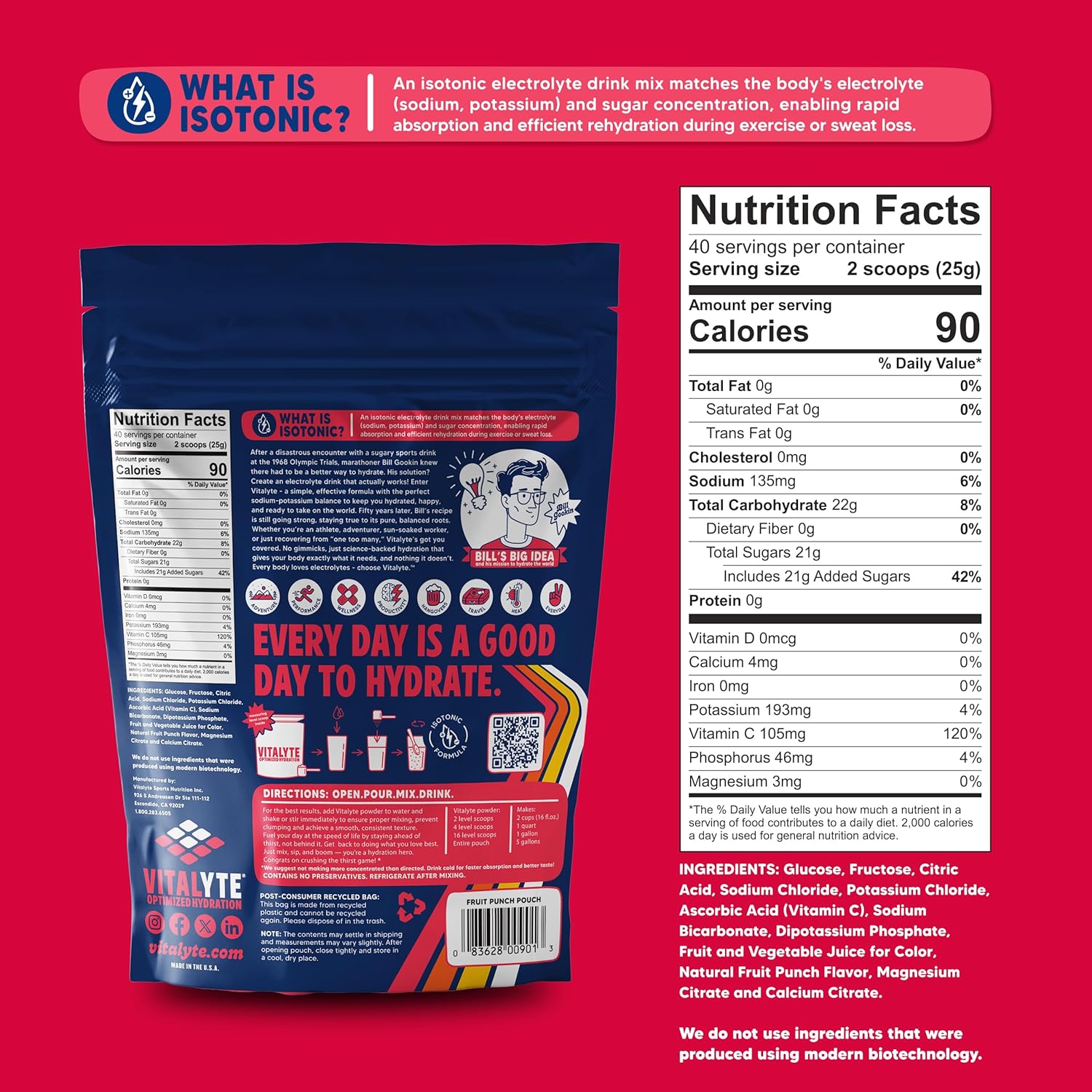 Vitalyte Electrolyte Powder Drink Mix, Isotonic Electrolyte Hydration Mix, Gluten Free Post Workout Powder Mix, Pack of 2, 35 oz. Each, Fruit Punch Flavor