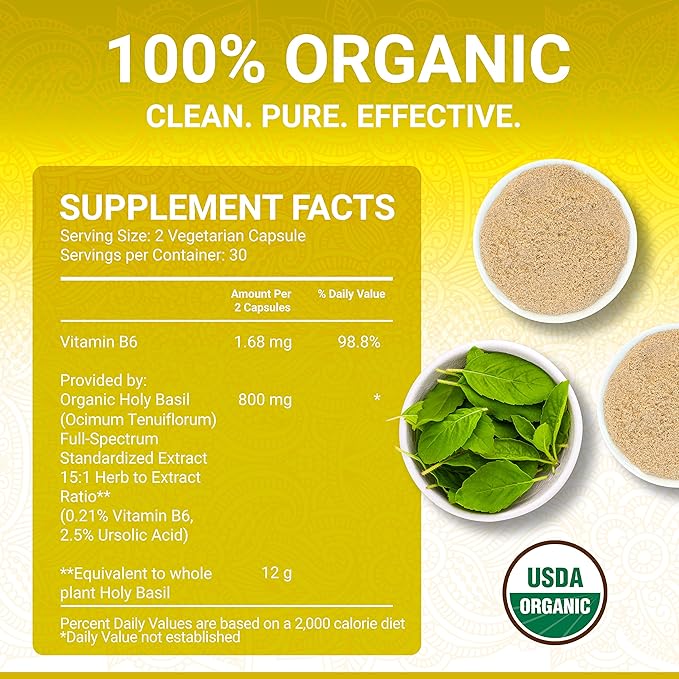 True Veda Holy Basil Leaf Capsules | USDA Organic | Tulsi Holy Basil Supplement | Organic Vitamin B6 | High Strength 2.5% Ursolic Acid Extract | 60 Vegan Pills