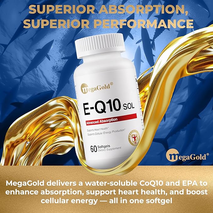 E-Q10 Sol Advanced Absorption Fish Oil - Fish Oil with Coq10, 100mg EPA, Antioxidant for Cardiovascular Health & Energy*, Coenzyme Q 10 Supplement for Men and Women - 60 Count Softgels