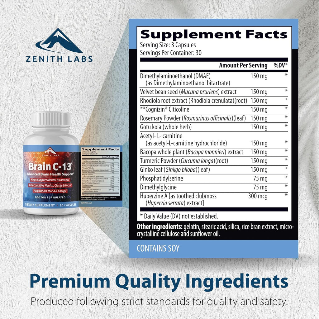 Brain C-13 Cognitive Booster Supplement by Zenith Labs - Natural Brain Health Support - Supports Memory, Focus, Concentration - Mental Clarity for Men Women