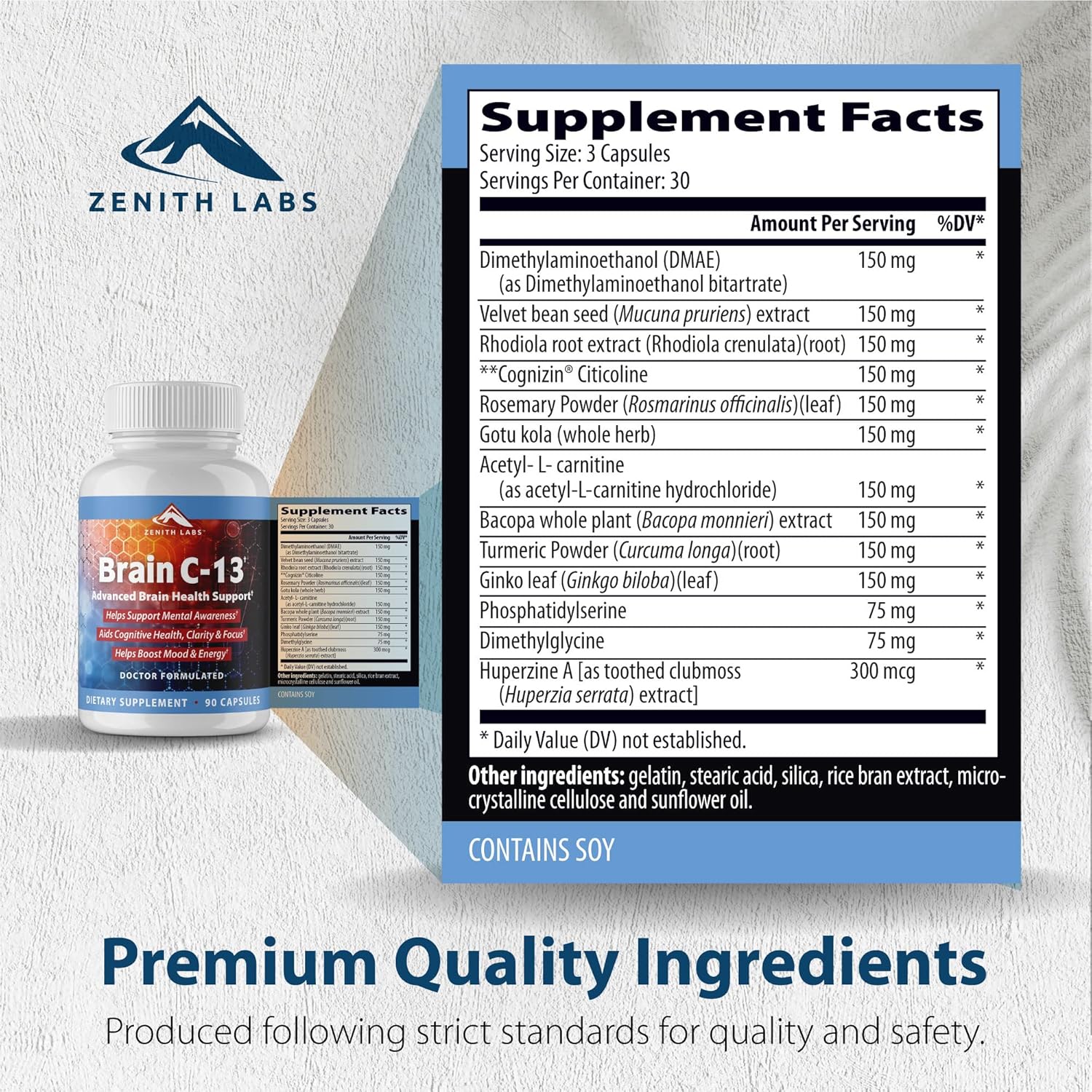 Brain C-13 Cognitive Booster Supplement by Zenith Labs - Natural Brain Health Support - Supports Memory, Focus, Concentration - Mental Clarity for Men Women