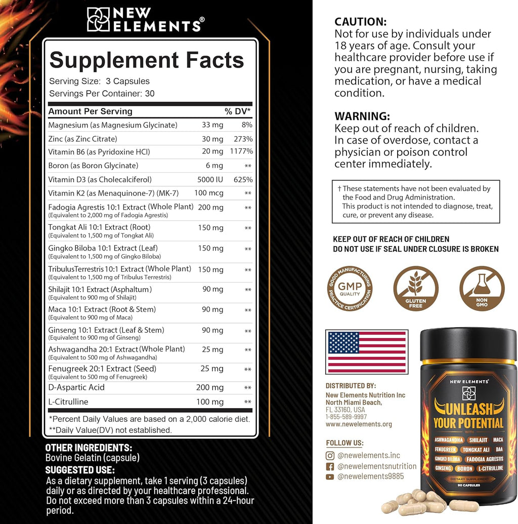 Natural Testosterone Booster Supplement for Men – Test Booster with Tongkat Ali, Fadogia Agrestis, Shilajit, Ashwagandha, Ginseng, Tribulus, Boron, DAA, L-Citrulline, D3 K2, Zinc & Magnesium
