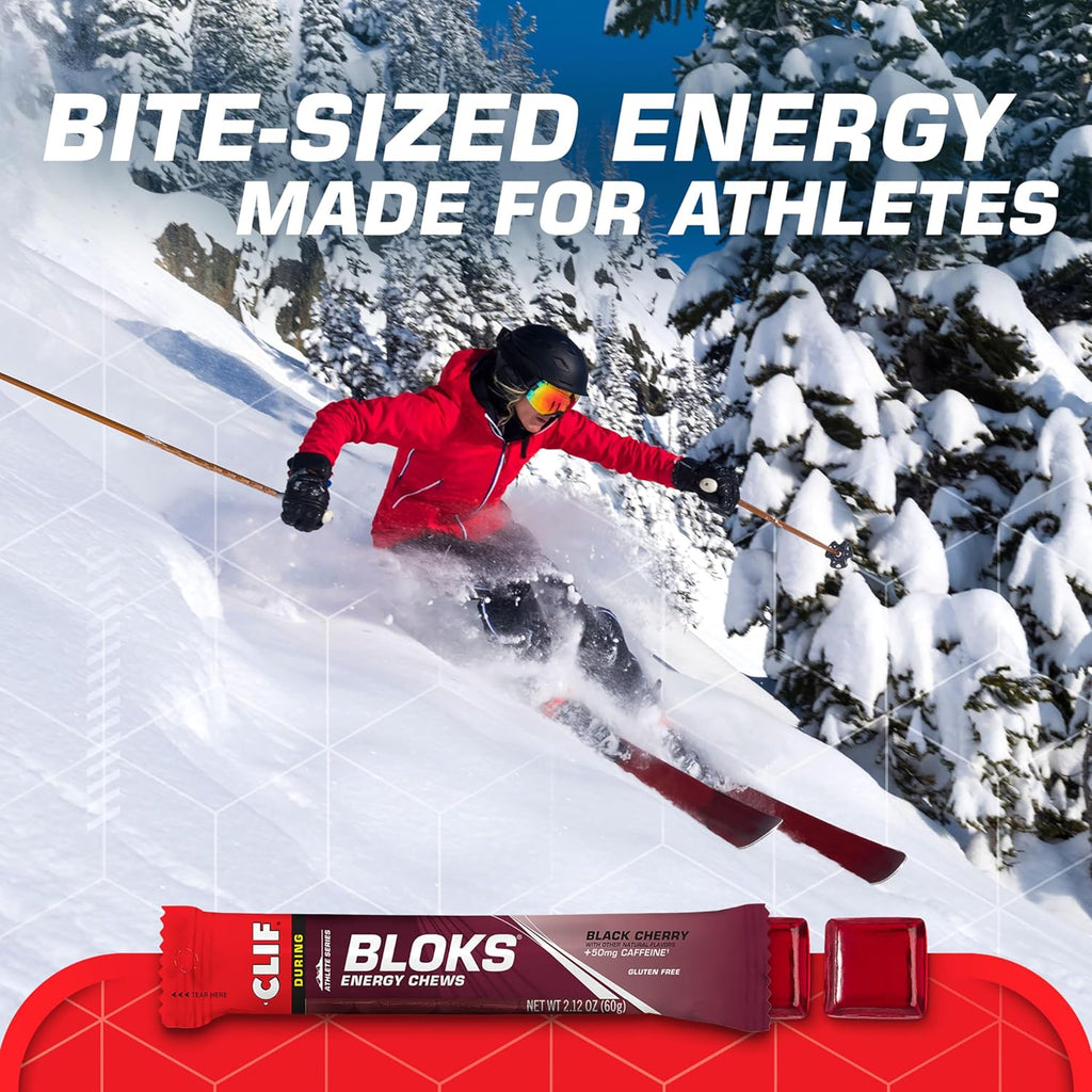 CLIF BLOKS - Black Cherry Flavor with Caffeine - Energy Chews - Non-GMO - Plant Based - Fast Fuel for Cycling and Running - Quick Carbohydrates and Electrolytes - 2.12 oz. (18 Count)