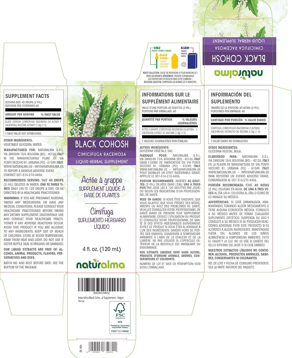 Naturalma Black Cohosh (Cimicifuga racemosa or Actaea racemosa) Rhizome Alcohol-Free Tincture - 4 fl oz Liquid Extract in Drops - Herbal Supplement - Vegan