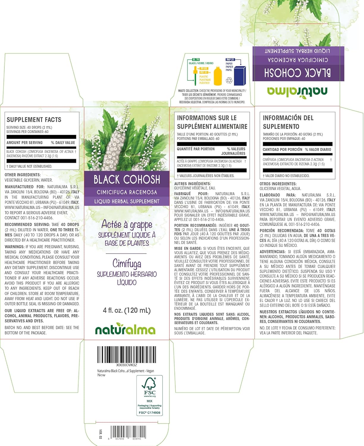 Naturalma Black Cohosh (Cimicifuga racemosa or Actaea racemosa) Rhizome Alcohol-Free Tincture - 4 fl oz Liquid Extract in Drops - Herbal Supplement - Vegan