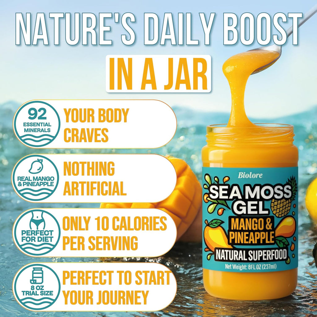 Biolore Sea Moss Gel Mango-Pineapple Made in USA Raw Wildcrafted Irish Seamoss Essential Vitamins Trace Minerals Vegan Superfood, Jam, Jelly & Sweet Spread Gifts (Mango-Pineapple 8OZ)