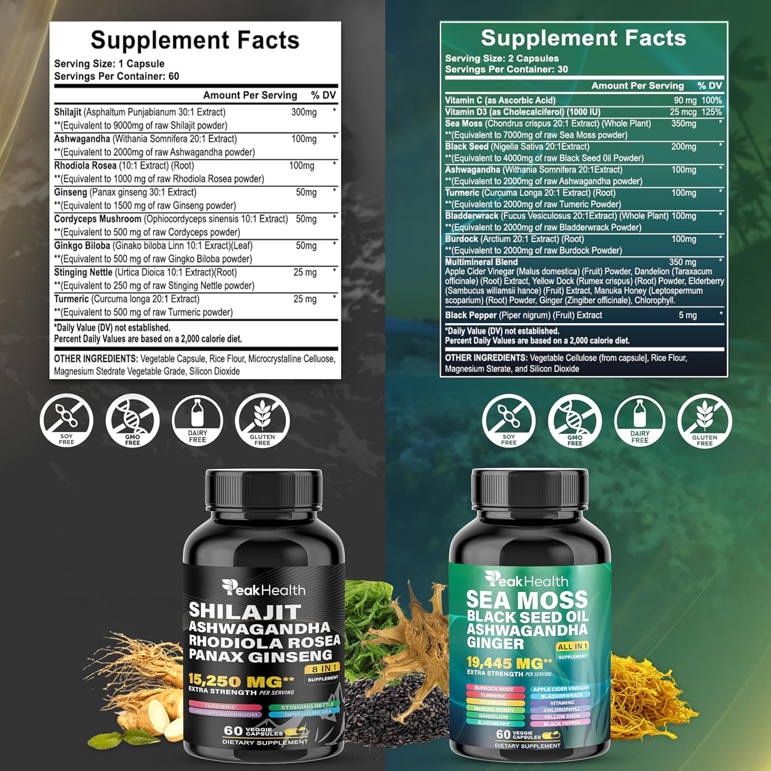 Shilajit Sea Moss Black Seed Oil Ashwagandha Capsules for Man Woman,2 Bottle Combo with Turmeric, Panax Ginseng, Rhodiola,19,445mg Herbal Formula,Energy & Immune Support, 60 Capsules,Easy to Swallow
