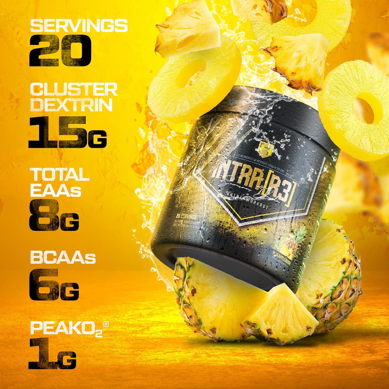 HOSSTILE Intra[R3] Intra Workout Powder, EAA & BCAA Drink with Carbs, Enhance Energy & Endurance, Build Lean Muscle & Improve Recovery, Pineapple Rush, 20 Servings