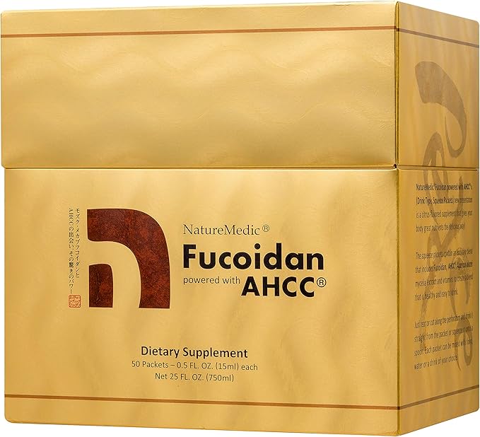 Fucoidan Powered with AHCC® Brown Seaweed Immunity Supplement with High Purity Organic Mekabu Mozuku Agaricus 50 Concentrated Liquid Extract Packets Made in Japan (1 Box)