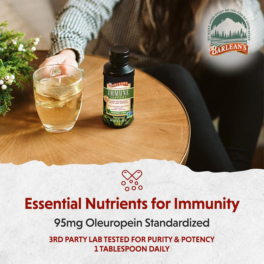 Barlean's Peppermint Olive Leaf Complex Liquid Immune Support Supplement, 95mg Oleuropein Antioxidants, 8 oz