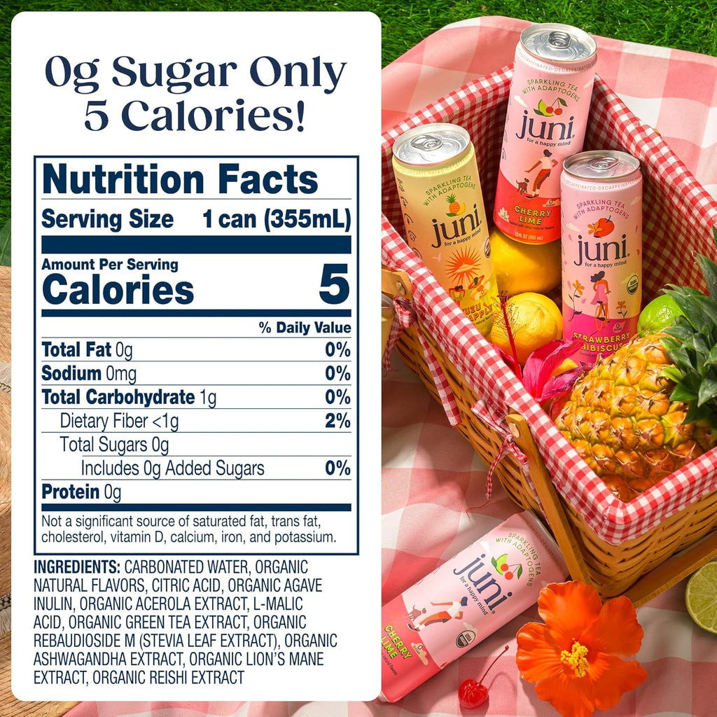 Juni Sparkling Adaptogen Drink with Ashwagandha, Lion’s Mane & Reishi Mushrooms | Green Tea for Focus, Zero Sugar, 5 Calories | Decaffeinated, Non Alcoholic Drinks - Strawberry Hibiscus 12 pack