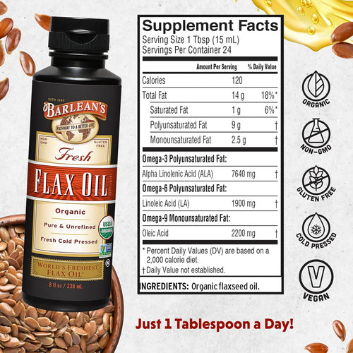 Barlean's Organic Flaxseed Oil Liquid, Cold Press Flax Seeds, 7,640mg ALA Omega 3 Fatty Acid Supplement for Healthy Hair, Skin, and Eyes, Vegan & Gluten Free, 12 oz