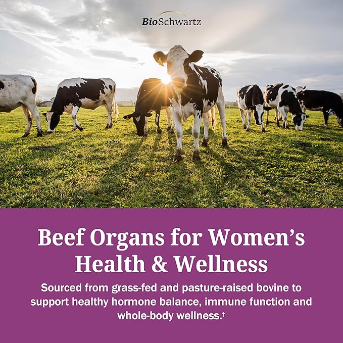 BioSchwartz Primal Beef Organ Supplement for Women - 60 Capsules - Grass-Fed & Pasture-Raised - Supports Healthy Hair Skin and Nails, Hormone Balance - with Bovine Liver, Kidney, Heart, Uterus Powder