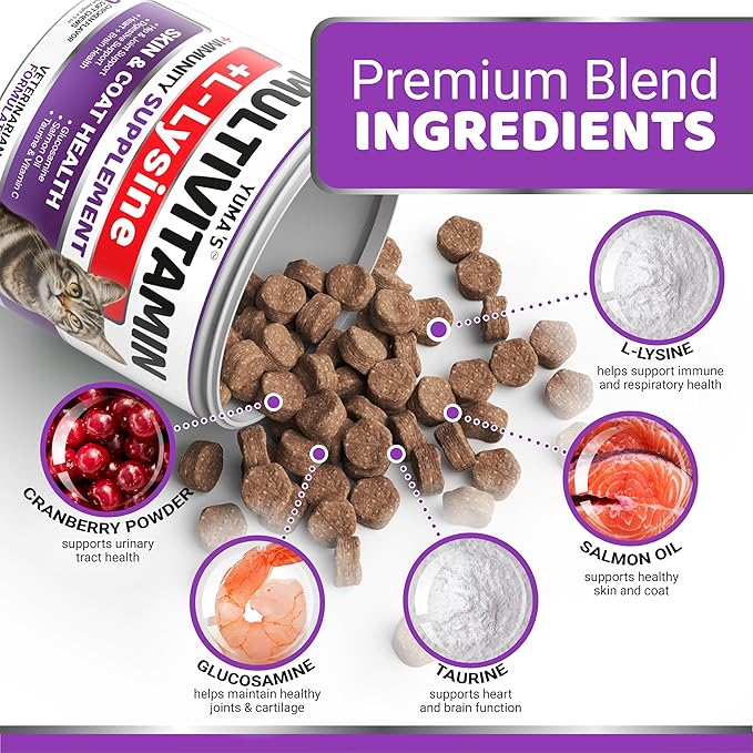 Cat Multivitamin Chews - Cat Vitamins and Supplements - Taurine & Lysine for Cats - Omega-3, Glucosamine, Cranberry - Skin & Coat, Hip & Joint Support - Immune Health, Skin, Heart, Digestion
