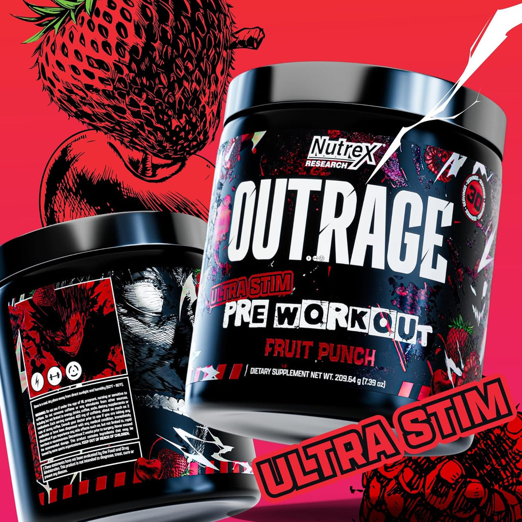 Outrage Ultra HIGH STIM Pre-Workout Powder for Men Fruit Punch | 400mg Caffeine, L-Citrulline, Beta-Alanine, Creatine | Extreme Energy, Focus, Strength & Endurance | 30 Servings