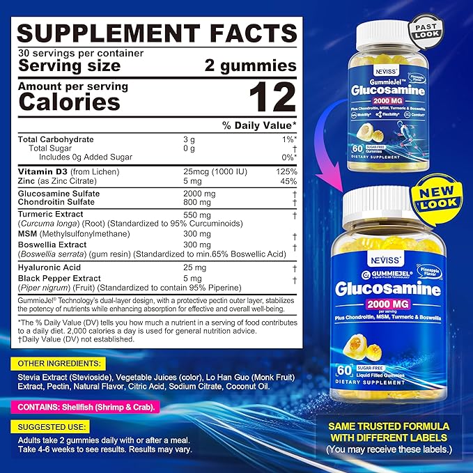 Glucosamine 2000mg Filled Gummies, Extra Strength Glucosamine Chondroitin MSM and Turmeric Supplement for Men & Women, w/Boswellia, Hyaluronic Acid, VIT D3 & Zinc, Sugar Free, Pineapple Flavor, 60Cts